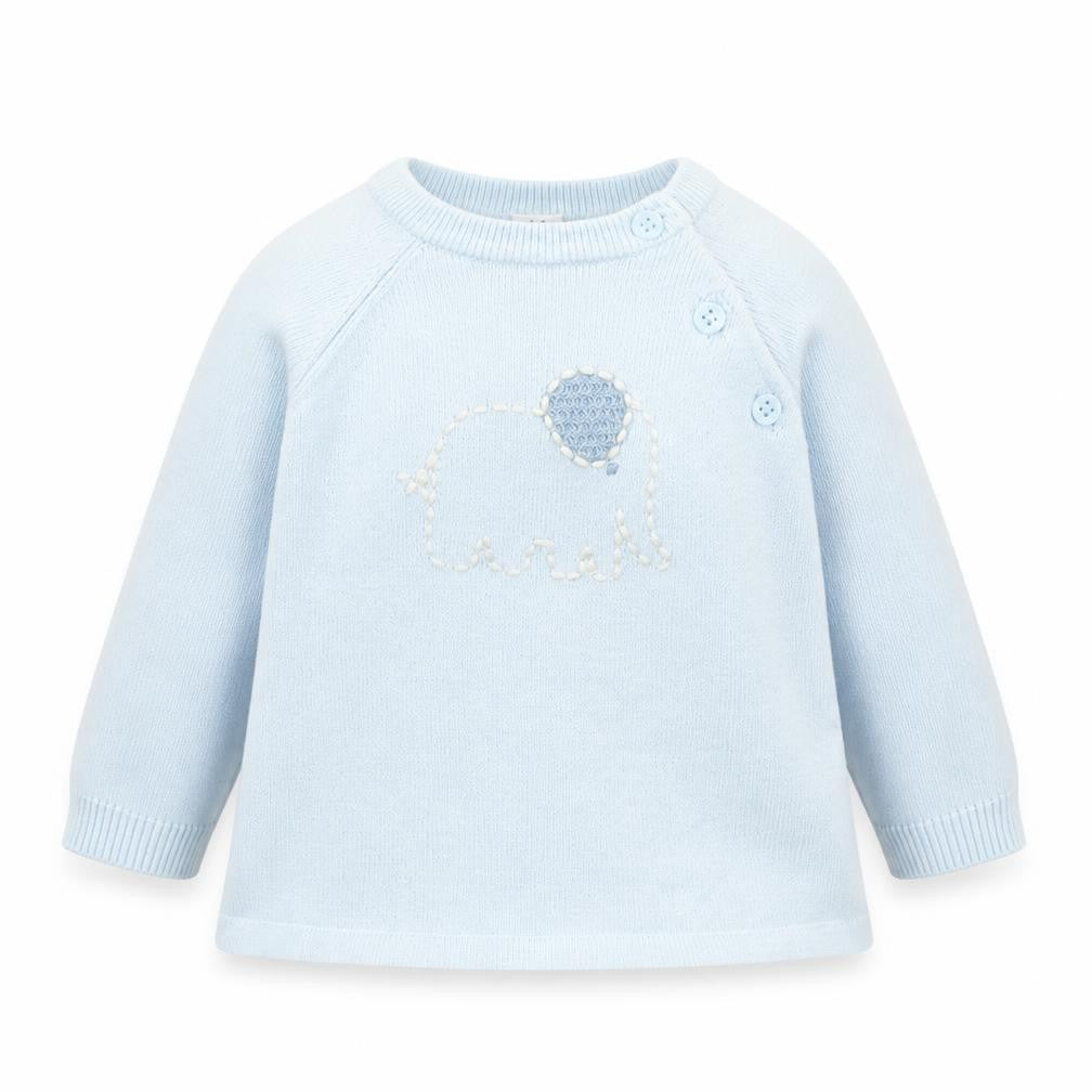 Marks & Spencer Girls Blue Viscose Pullover Jumper Size 3-6 Months Button - Elephants