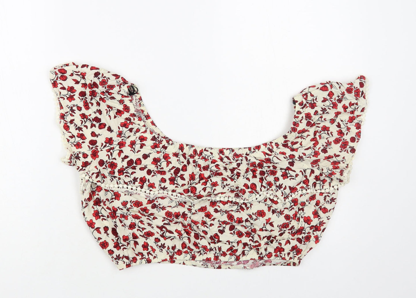H&M Womens Ivory Floral Viscose Cropped Blouse Size 10 Off the Shoulder