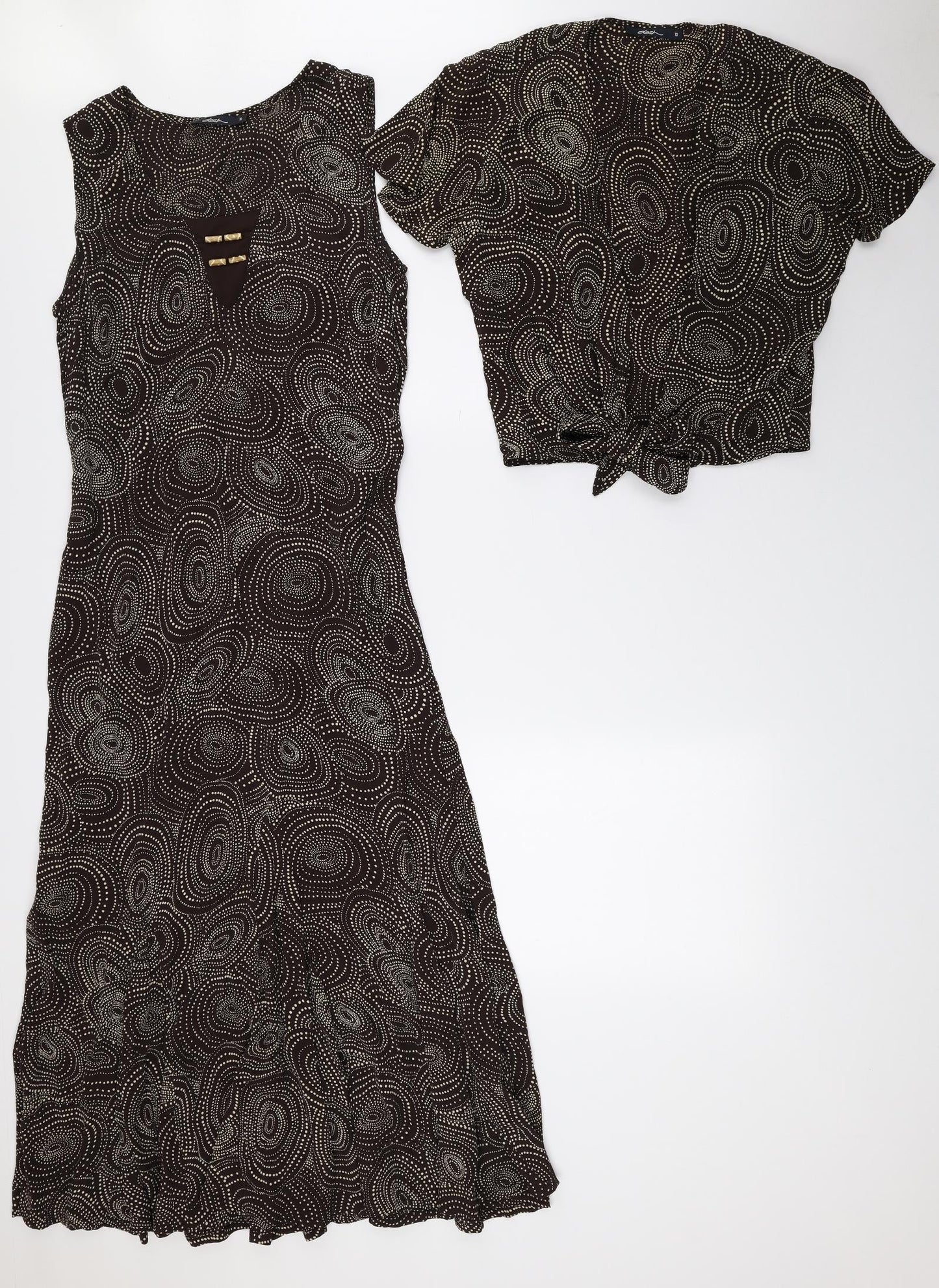DASH Womens Brown Geometric Viscose Fit & Flare Size 10 Scoop Neck Tie - 2-Piece set