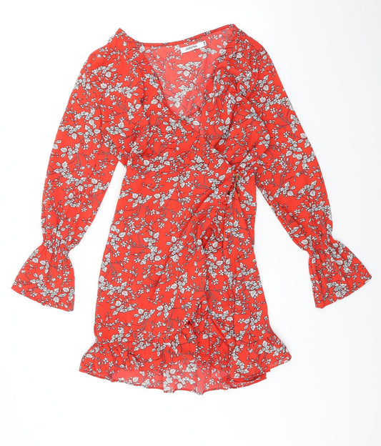Jubylee Womens Red Floral Polyester Wrap Dress Size S V-Neck Pullover - Poet Sleeve