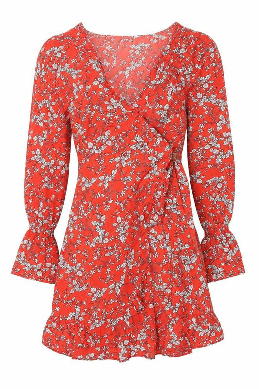 Jubylee Womens Red Floral Polyester Wrap Dress Size S V-Neck Pullover - Poet Sleeve