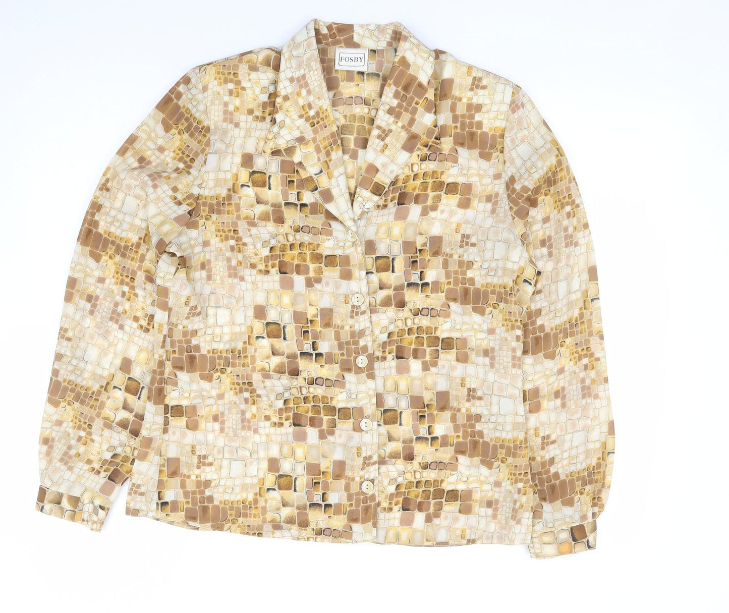 Fosby Womens Beige Geometric Polyester Jersey Blouse Size M Collared