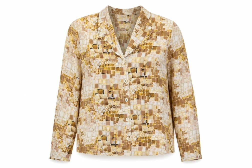 Fosby Womens Beige Geometric Polyester Jersey Blouse Size M Collared