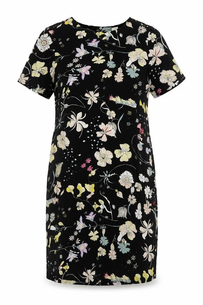 H&M Womens Black Floral Viscose Sheath Size 8 Boat Neck Button