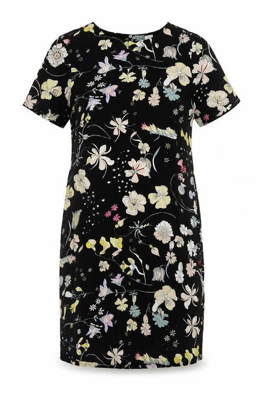 H&M Womens Black Floral Viscose Sheath Size 8 Boat Neck Button