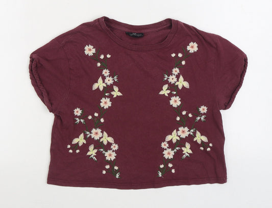 Topshop Womens Purple Floral 100% Cotton Basic T-Shirt Size 4 Round Neck