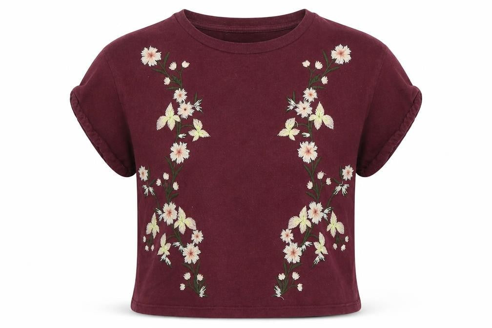 Topshop Womens Purple Floral 100% Cotton Basic T-Shirt Size 4 Round Neck