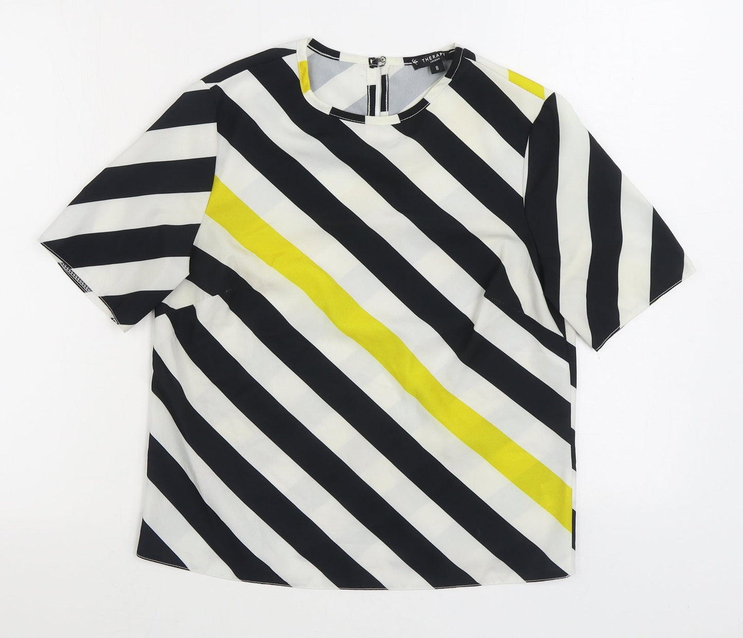 Therapy Womens Black Striped Polyester Basic Blouse Size 8 Round Neck