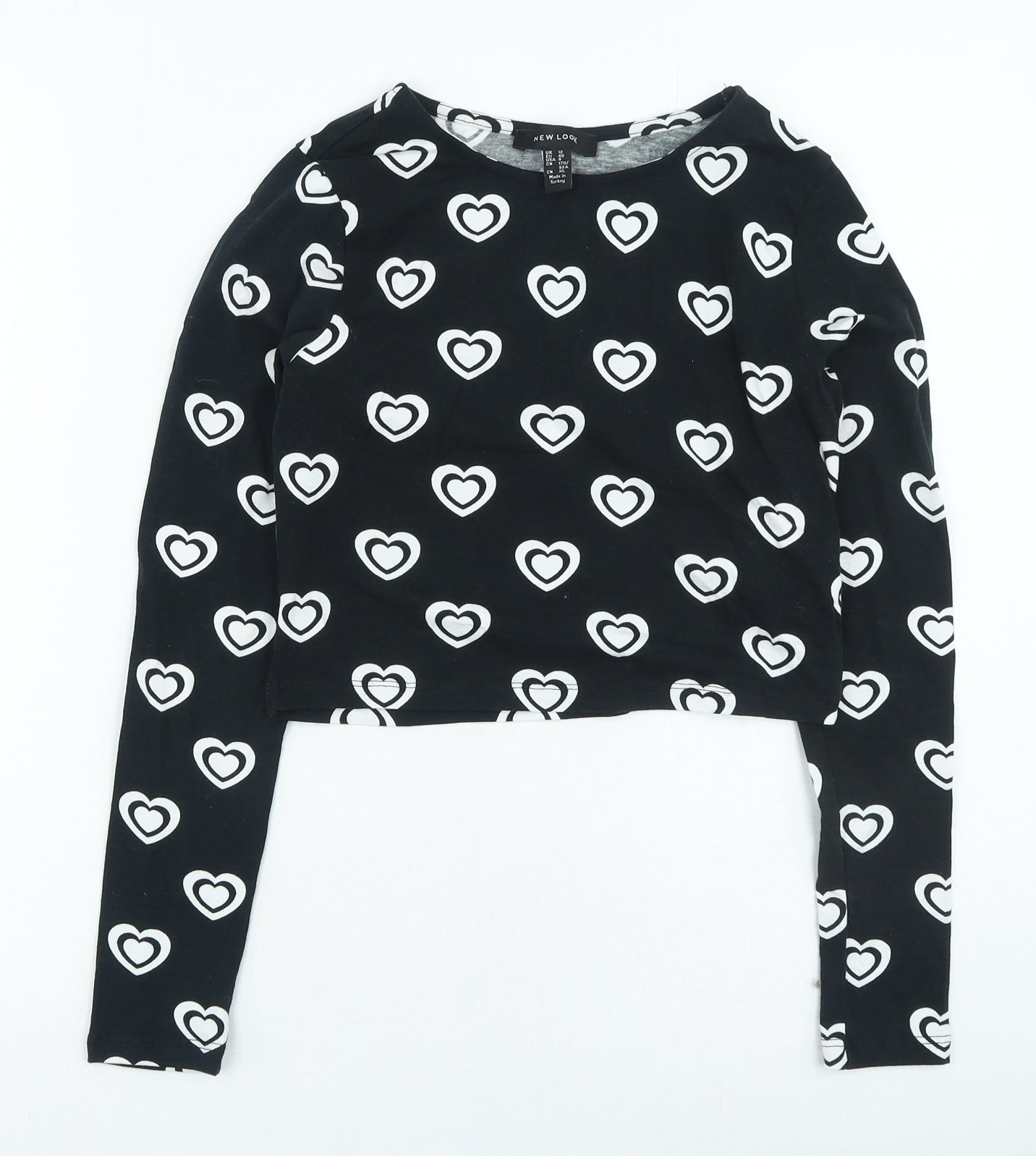 New Look Womens Black Geometric Cotton Basic T-Shirt Size 12 Round Neck - Heart