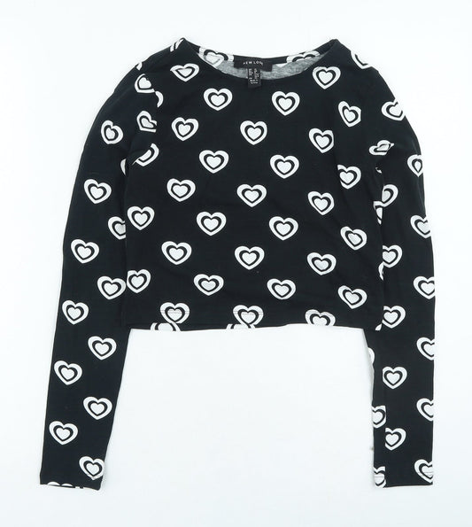New Look Womens Black Geometric Cotton Basic T-Shirt Size 12 Round Neck - Heart