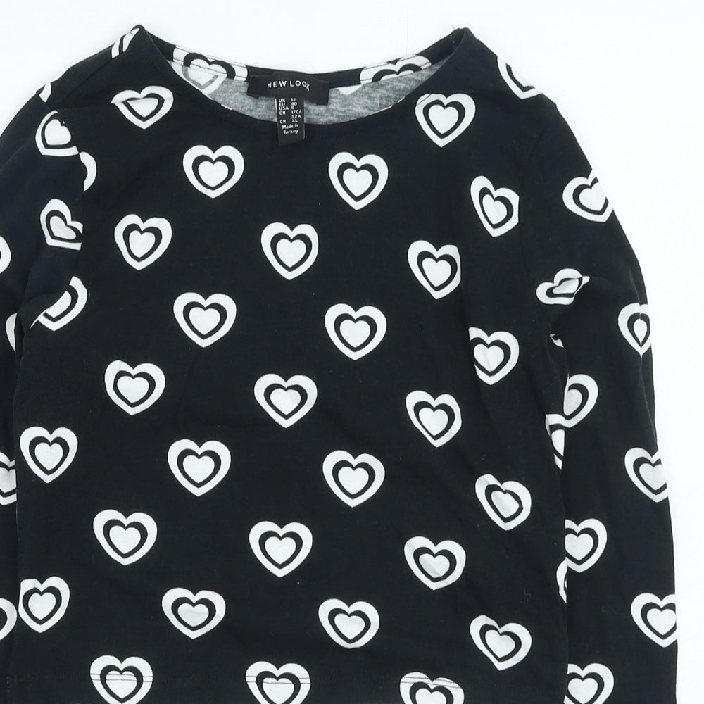 New Look Womens Black Geometric Cotton Basic T-Shirt Size 12 Round Neck - Heart