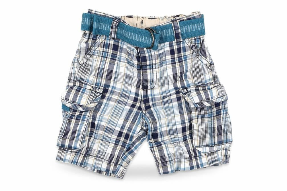 Matalan Boys Blue Plaid Cotton Cargo Trousers Size 9-12 Months Button