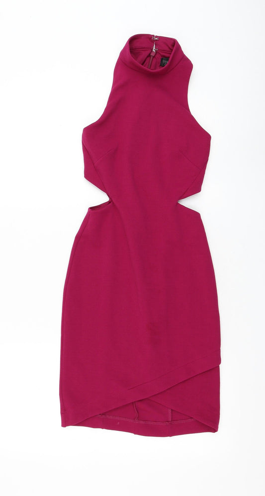 Topshop Womens Purple Polyester Bodycon Size 6 Mock Neck Zip - Cut Out Waist