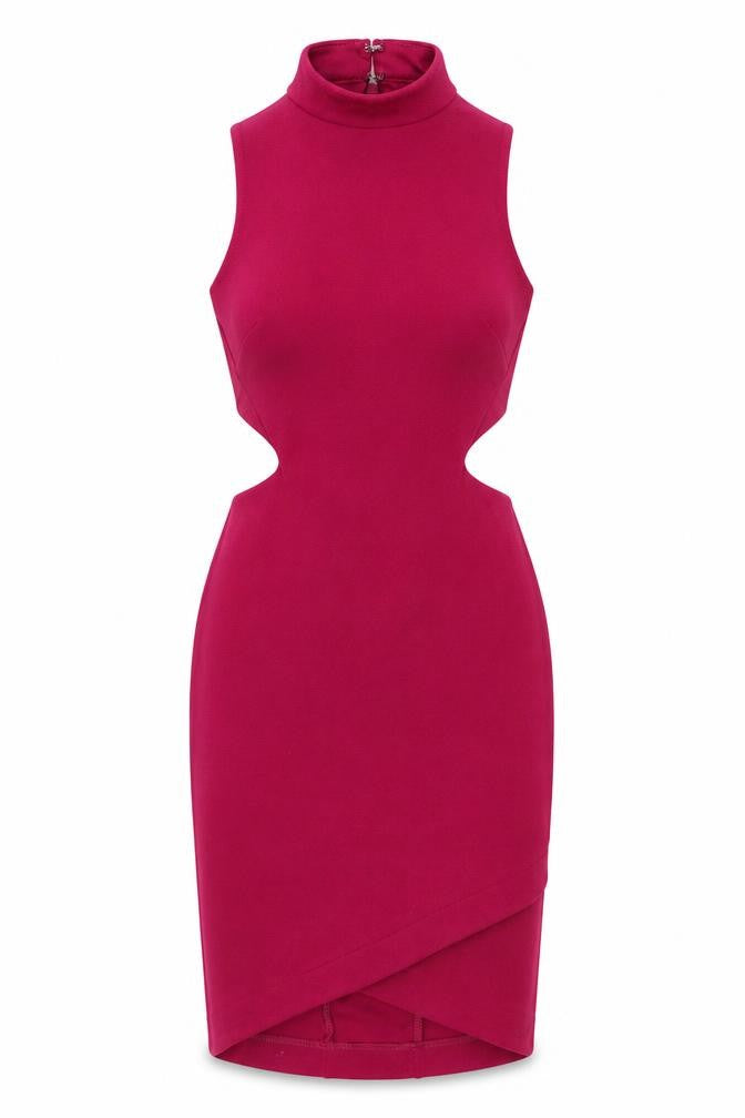Topshop Womens Purple Polyester Bodycon Size 6 Mock Neck Zip - Cut Out Waist