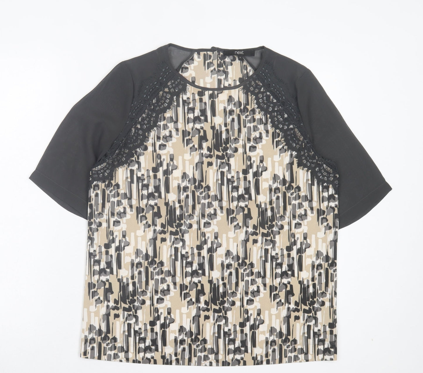 NEXT Womens Grey Geometric Polyester Basic T-Shirt Size 12 Crew Neck - Lace Detail