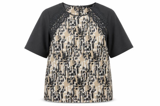 NEXT Womens Grey Geometric Polyester Basic T-Shirt Size 12 Crew Neck - Lace Detail