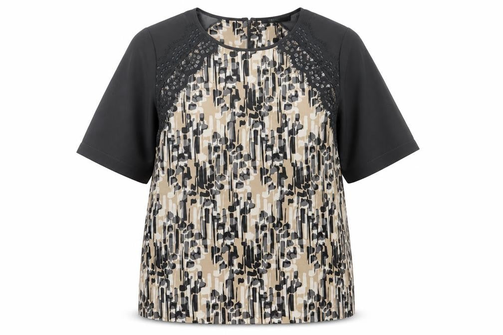 NEXT Womens Grey Geometric Polyester Basic T-Shirt Size 12 Crew Neck - Lace Detail