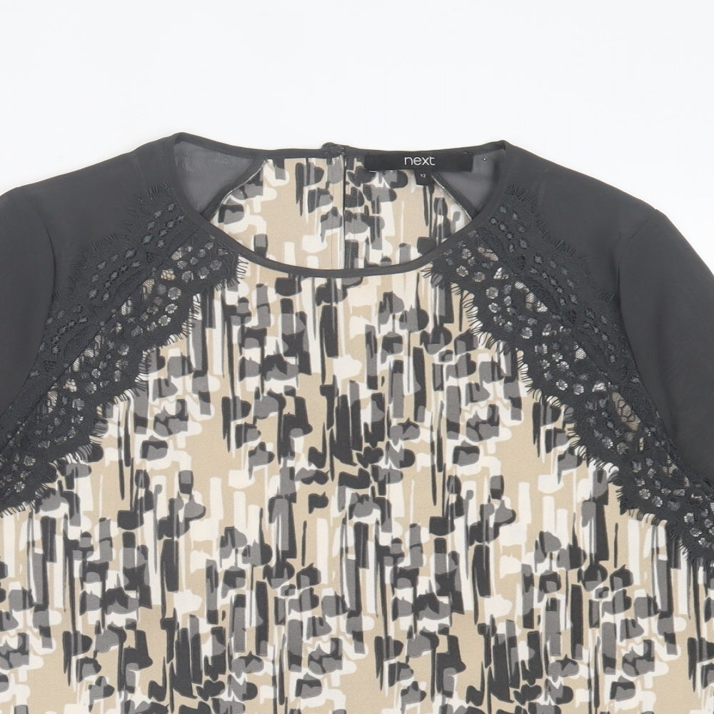 NEXT Womens Grey Geometric Polyester Basic T-Shirt Size 12 Crew Neck - Lace Detail