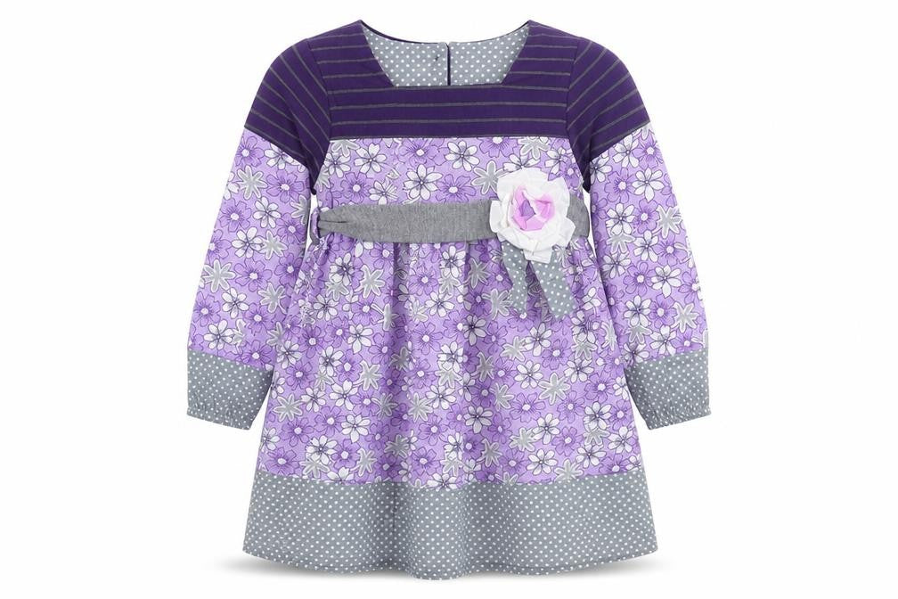 Beetlejuice London Girls Purple Floral Cotton A-Line Size 3 Years Crew Neck Button
