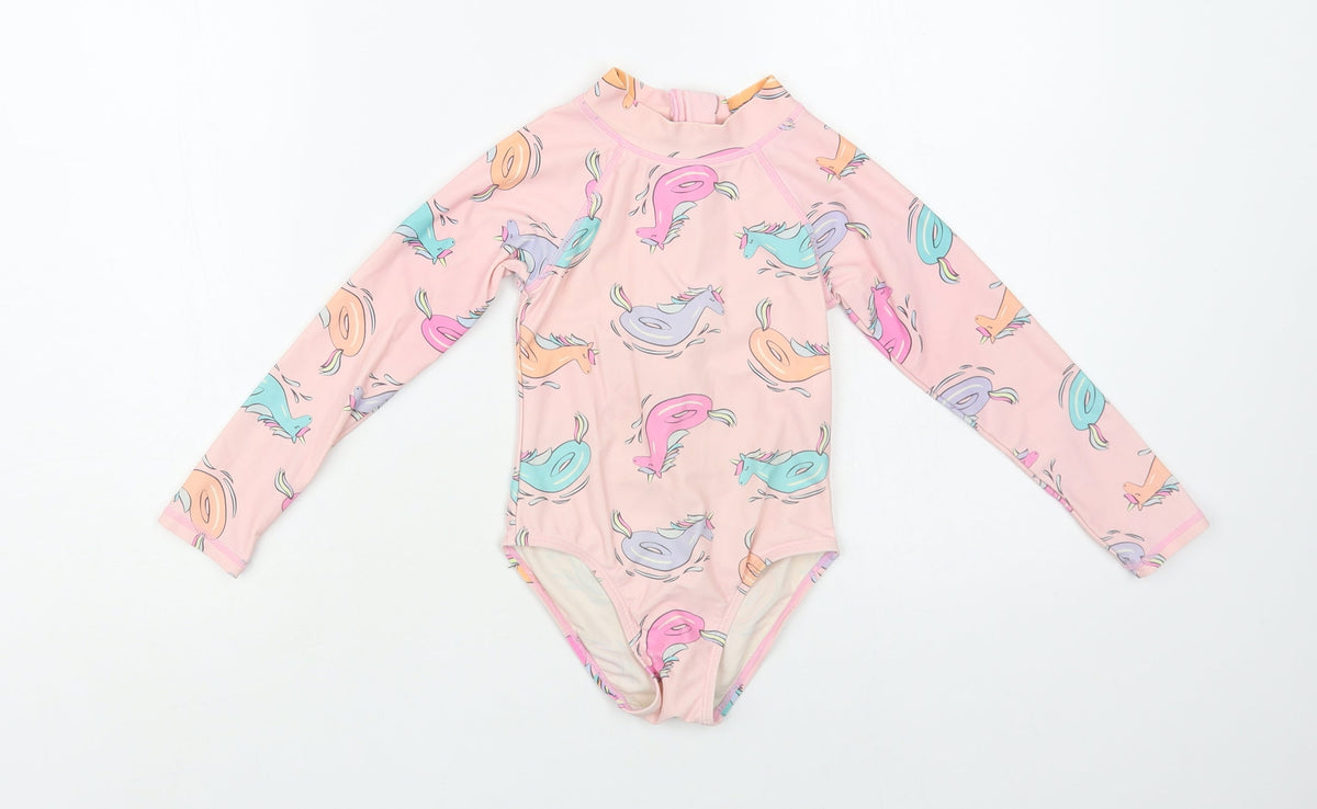 Cotton On Girls Pink Geometric Polyamide Bodysuit One-Piece Size 4 Years Zip - Unicorn Pattern Rash Guard