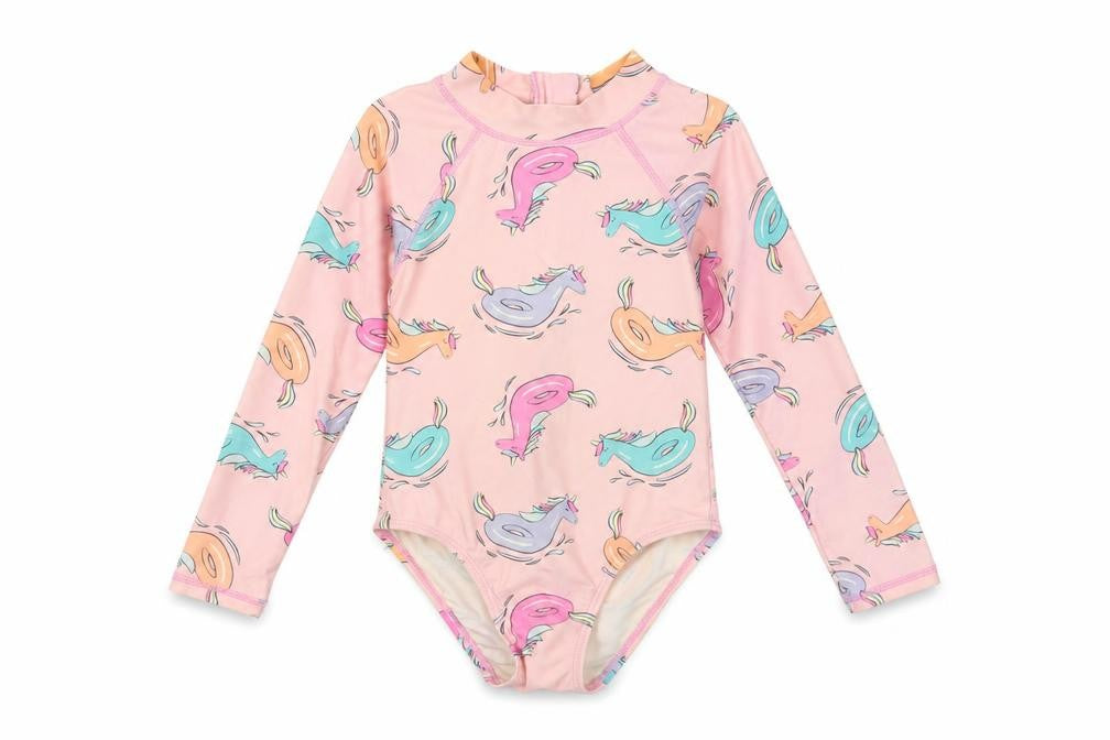Cotton On Girls Pink Geometric Polyamide Bodysuit One-Piece Size 4 Years Zip - Unicorn Pattern Rash Guard