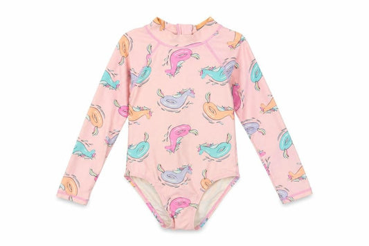 Cotton On Girls Pink Geometric Polyamide Bodysuit One-Piece Size 4 Years Zip - Unicorn Pattern Rash Guard