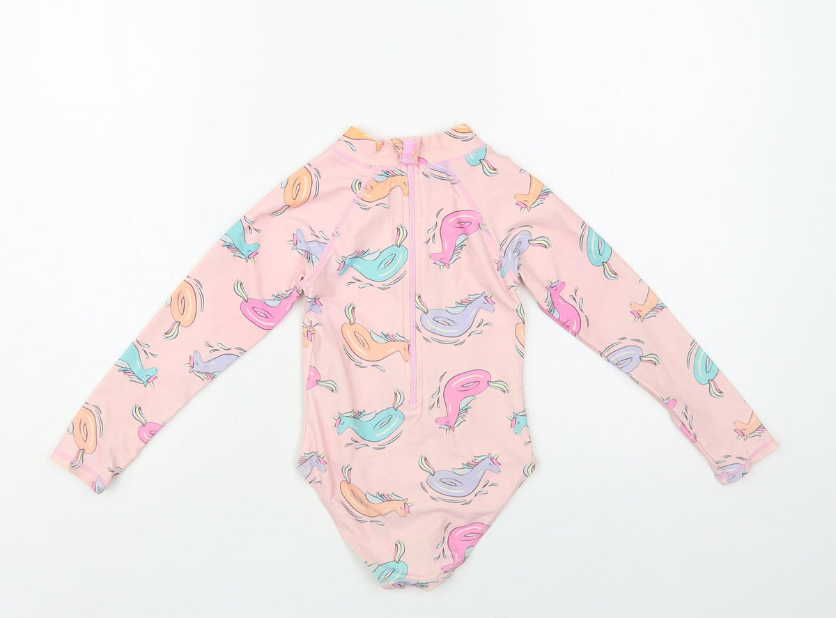 Cotton On Girls Pink Geometric Polyamide Bodysuit One-Piece Size 4 Years Zip - Unicorn Pattern Rash Guard