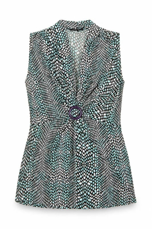 Olsen Womens Green Geometric Polyamide Basic Button-Up Size 10 V-Neck