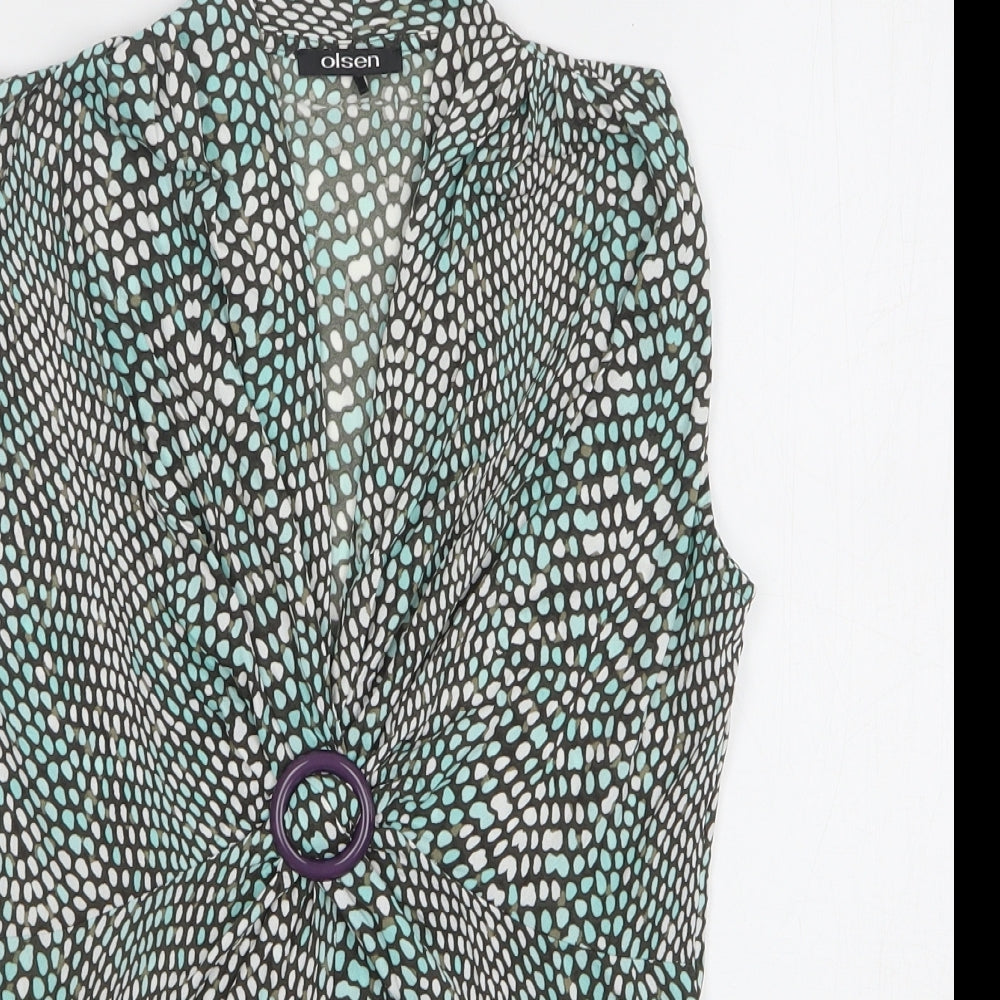 Olsen Womens Green Geometric Polyamide Basic Button-Up Size 10 V-Neck