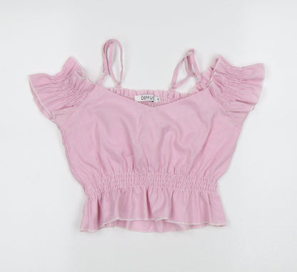 diffuse Womens Pink Striped Polyester Cropped T-Shirt Size 6 Square Neck - Stripes