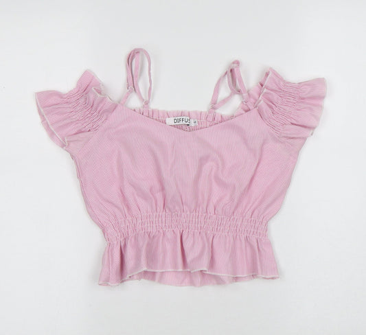 diffuse Womens Pink Striped Polyester Cropped T-Shirt Size 6 Square Neck - Stripes