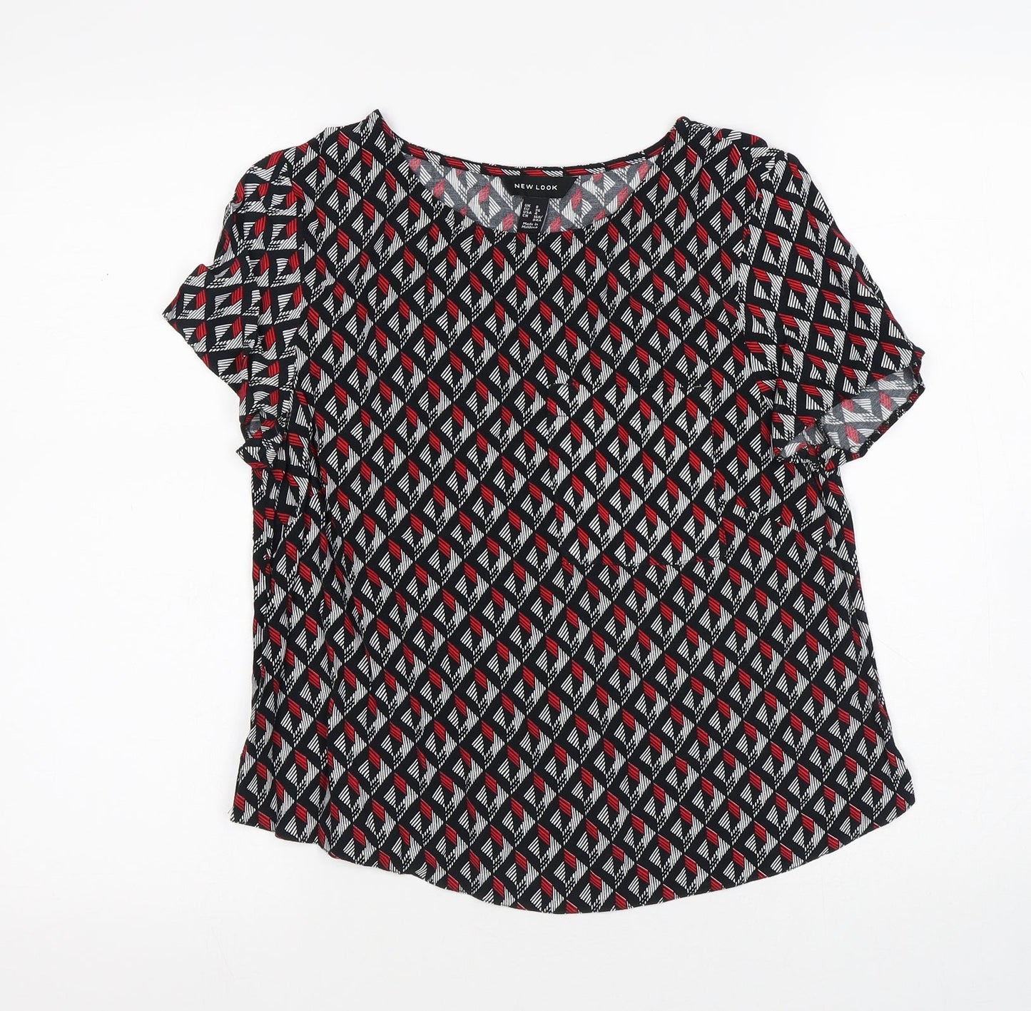 New Look Womens Multicoloured Geometric Viscose Jersey T-Shirt Size 8 Round Neck
