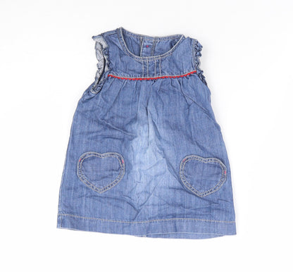 Marks & Spencer Girls Blue 100% Cotton A-Line Size 6-9 Months Round Neck Button - Love Heart