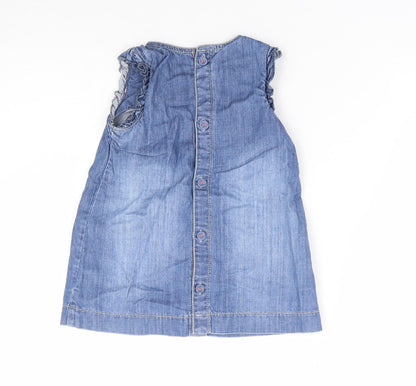 Marks & Spencer Girls Blue 100% Cotton A-Line Size 6-9 Months Round Neck Button - Love Heart