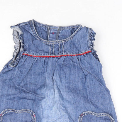 Marks & Spencer Girls Blue 100% Cotton A-Line Size 6-9 Months Round Neck Button - Love Heart