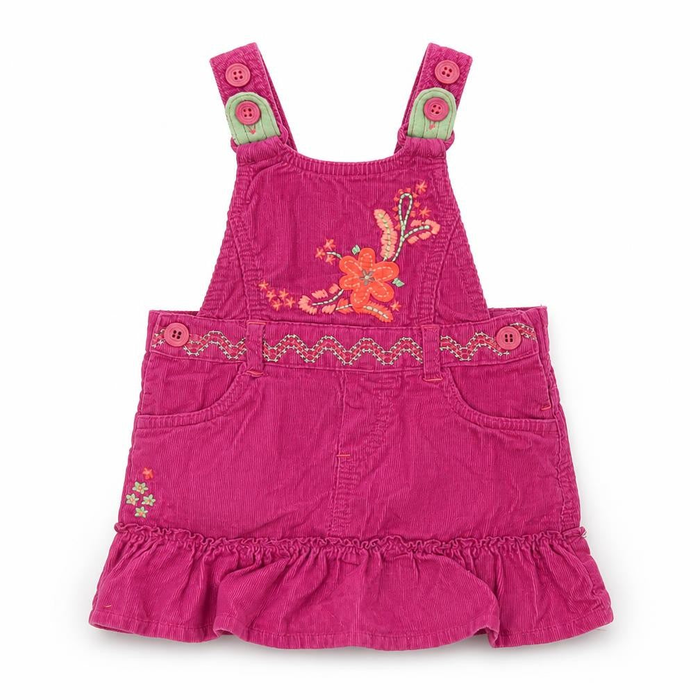 Marks & Spencer Girls Purple Floral 100% Cotton Pinafore/Dungaree Dress Size 6-9 Months Square Neck Button