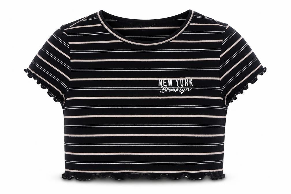 915 Generation Girls Black Striped Cotton Basic T-Shirt Size 9 Years Round Neck Pullover - New York Cropped