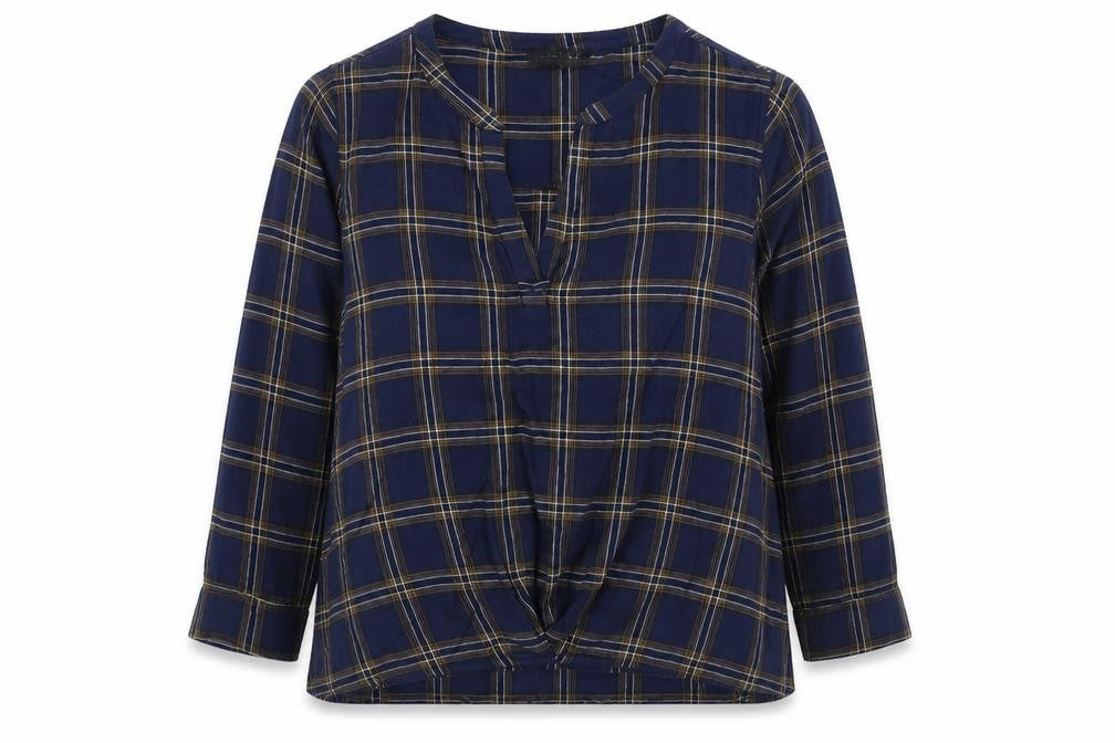 Label Lab Womens Blue Plaid 100% Cotton Basic Blouse Size 12 V-Neck