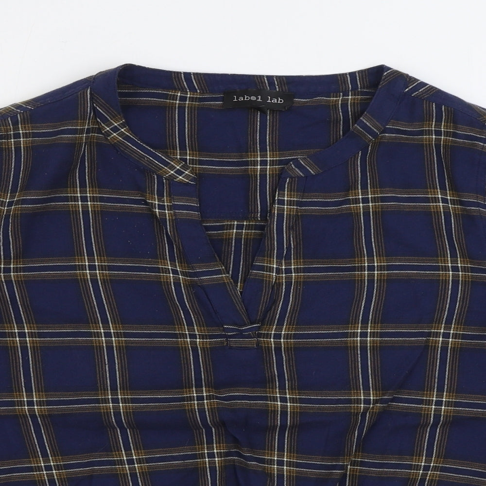 Label Lab Womens Blue Plaid 100% Cotton Basic Blouse Size 12 V-Neck