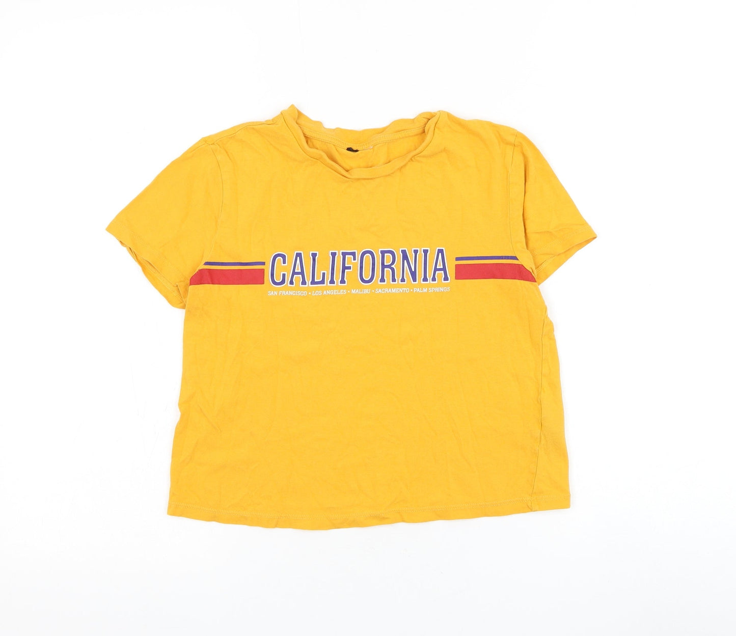 H&M Womens Yellow Cotton Cropped T-Shirt Size XS Round Neck - California