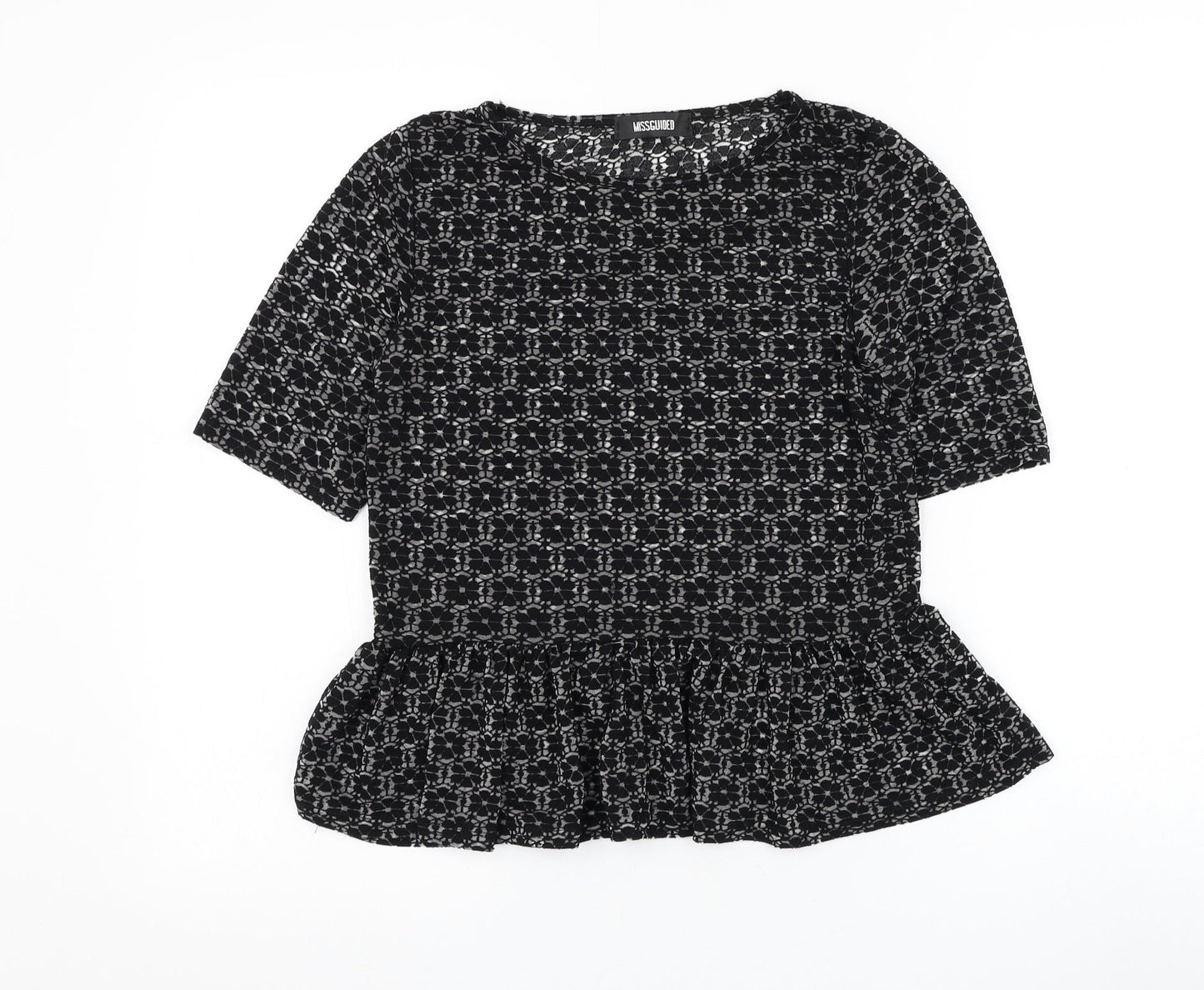 Missguided Womens Black Floral Viscose Basic Blouse Size 8 Round Neck