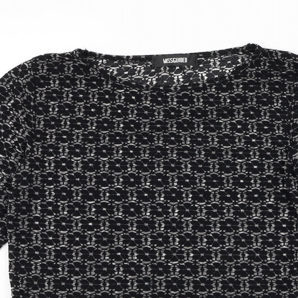 Missguided Womens Black Floral Viscose Basic Blouse Size 8 Round Neck