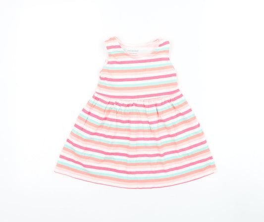 Primark Girls Multicoloured Striped Cotton Skater Dress Size 12-18 Months Round Neck Pullover