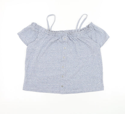 Next Girls Blue Striped Polyester Basic Blouse Size 11 Years Off the Shoulder Pullover