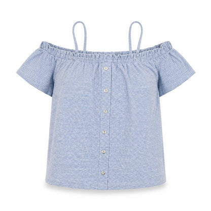 Next Girls Blue Striped Polyester Basic Blouse Size 11 Years Off the Shoulder Pullover