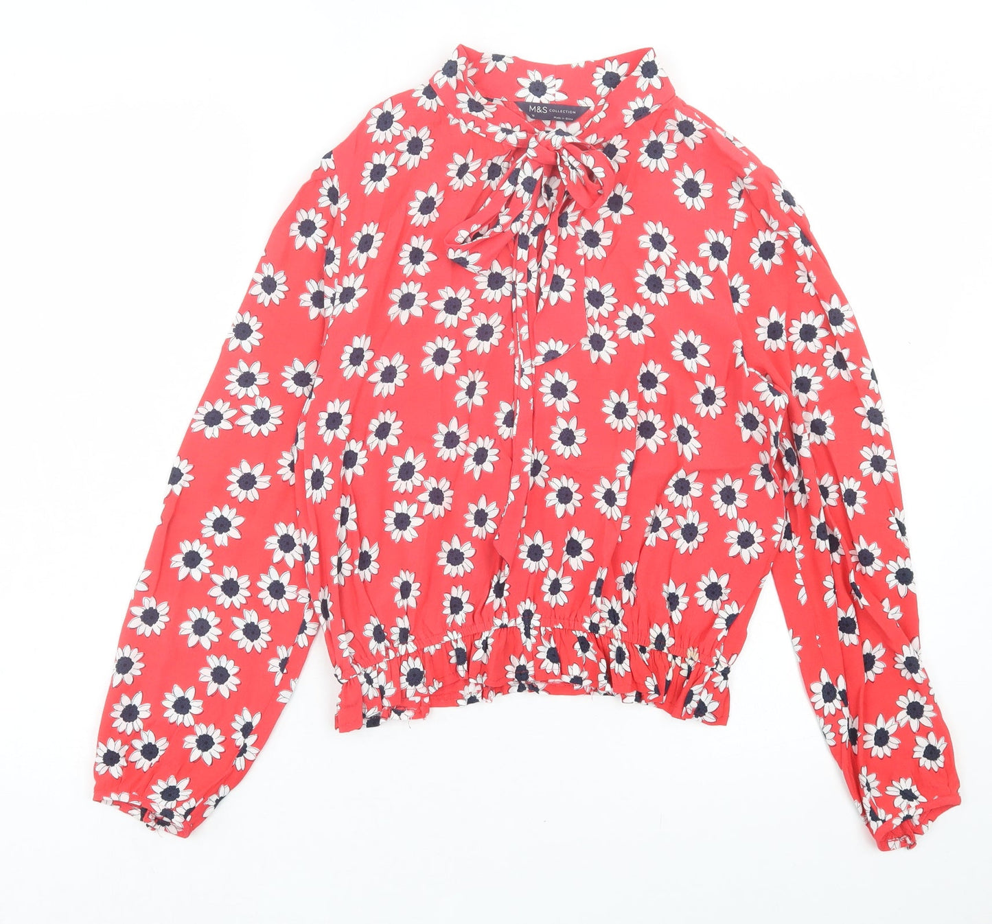 Marks and Spencer Womens Red Floral Polyester Basic Blouse Size 10 V-Neck