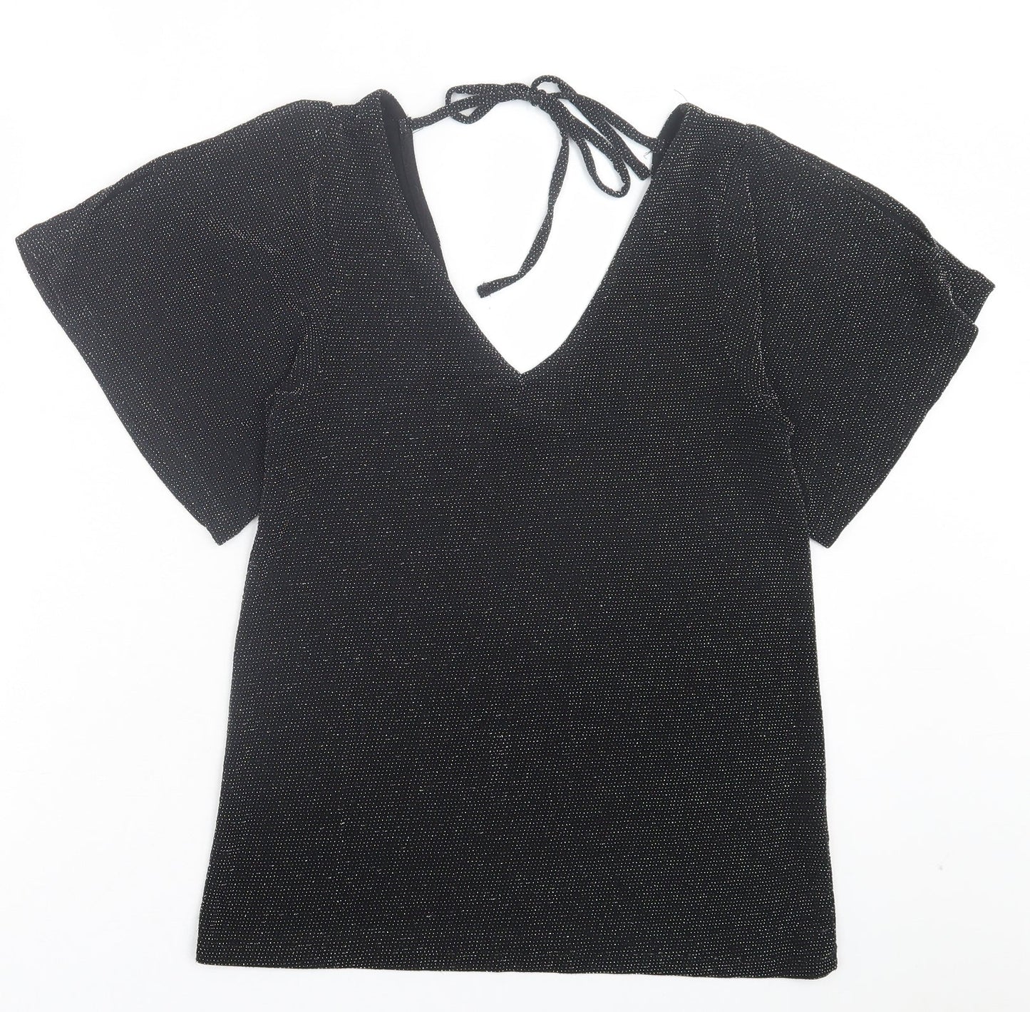 Peacocks Womens Black Polyamide Basic T-Shirt Size 8 V-Neck