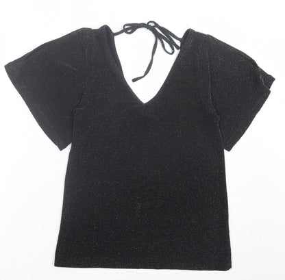 Peacocks Womens Black Polyamide Basic T-Shirt Size 8 V-Neck
