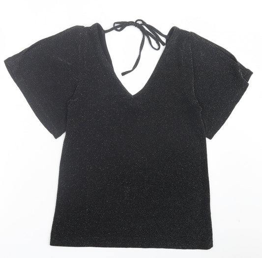 Peacocks Womens Black Polyamide Basic T-Shirt Size 8 V-Neck