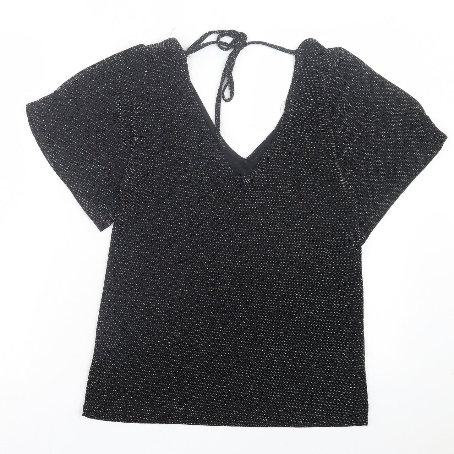 Peacocks Womens Black Polyamide Basic T-Shirt Size 8 V-Neck
